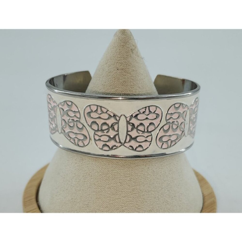 Rare Coach Sterling Silver 925 Wide Bangle Cuff‎ Bracelet Pink Butterfly Enamel